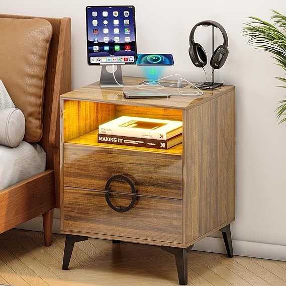 Gurexl High Gloss Brown Nightstand Auto Sensor LED 3 Color Dimmable with Wireless Charging Station for Bedroom Furniture, Modern End Side Bedside Table with Human Body Sensor Function