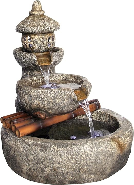 Design Toscano SS12657 Asian Decor LED Light-Tranquil Springs Pagoda Fountain-Outdoor Water Feature, Antique Stone
