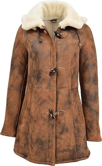 A1 FASHION GOODS Genuine Sheepskin Duffle Coat For Womens 3/4 Long Hooded Cognac Shearling Jacket Armas