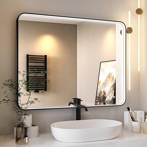 Twalsu 28x36 Inch LED Bathroom Mirror with Lights, Lighted Bathroom Vanity Mirror for Wall with Black Aluminum Alloy Metal Frame, 3 Colors Side Lights Led Mirror, Stepless Dimmable, Anti-Fog
