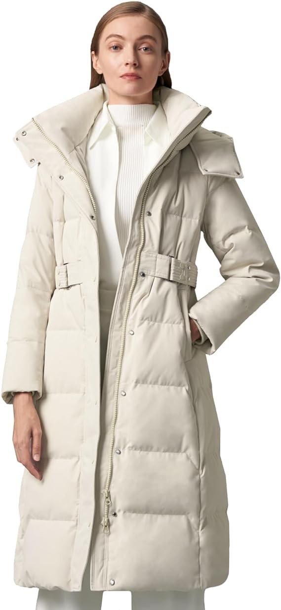 BOSIDENG Women's Winter Long Down Jacket Hooded Removable Cap Waisted Thickened Warm Winter Jacket