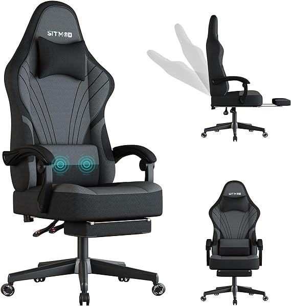 Ulody Gaming Chair,Big and Tall Gaming Chair with Footrest,Ergonomic Computer Chair,Fabric Office Chair with Lumbar Support,360 Degree Swivel and Height Adjustment,Video Gaming Chair for Adults-Grey