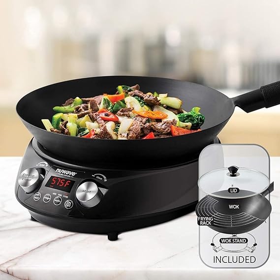 Nuwave Mosaic Induction Wok, Precise Temp Controls from 100°F to 575°F in 5°F, Wok Hei, Infuse Complex Charred Aroma & Flavor, 3 Watts 600, 900 & 1500, Authentic 14-inch Carbon Steel Wok Included