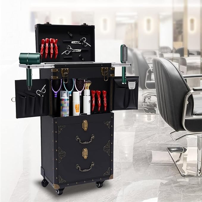 CNCEST Beauty Salon Luggage,Rolling Lockable Makeup Train Case Hairdressing Trolley Stylist Beauty Salon Cosmetic Luggage Travel Organizer Tool Box with Hair Dryer Holder