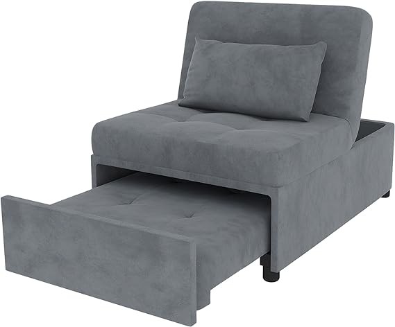 PHOYAL Deck Chair, Sofa Bed Convertible Chair 4 in 1 Multi-Function Folding Ottoman Modern Breathable Linen Guest Bed with Adjustable Sleeper for Small Room Apartment, Grey (4IN1TY720)